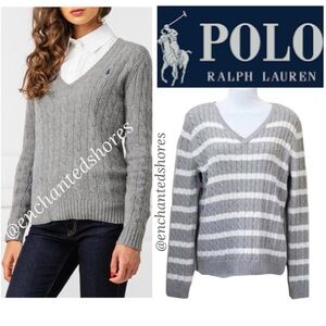 Polo Ralph Lauren RARE VINTAGE VNeck Cable Knit Jumper Grey White Size XXL